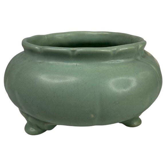 Vintage Weller Pottery Cameo Rose Green Bowl Planter Ceramic Footed White Floral - Picture 3 of 10